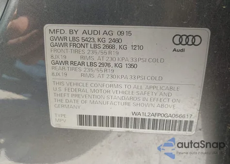 2016 Audi Q5 2.0T Premium из США, поврежденный, VIN WA1L2AFP0GA056617